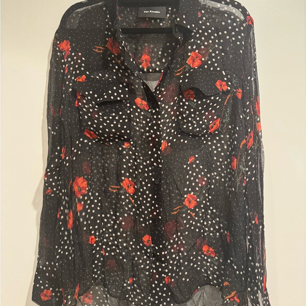 The Kooples Black Sheer Blouse with Red Floral and White Polka Dots